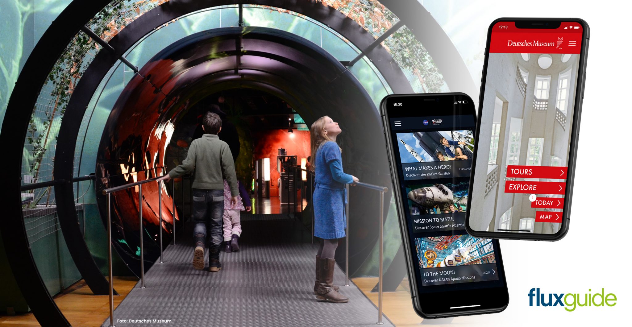 pictured is a glass round tunnel with a man walking away from the viewer and a young woman standing on the right side looking up through the glass. On the right of the image are two iphones showing the fluxguide app and the information it shares with guests at museums.